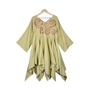 Denise Goring Artwear Linen Tunic Dress Green Lagenlook Boho Artsy Chic Artisian